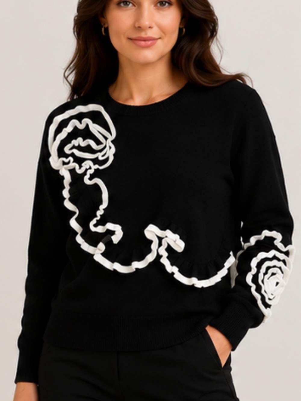 Black Sweater with White Floral Appliquéol